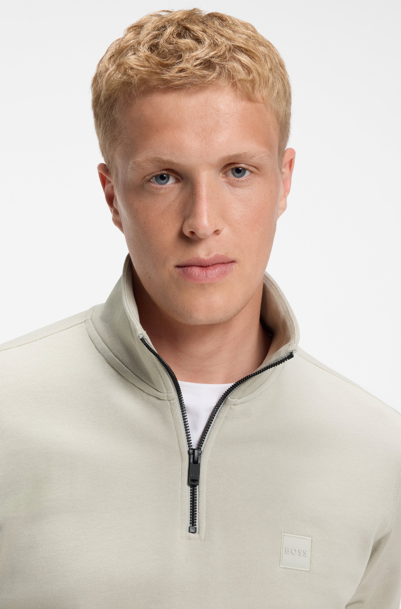 BOSS - ZeTrust 1/4 Zip Cotton Sweatshirt - Beige - Image 3