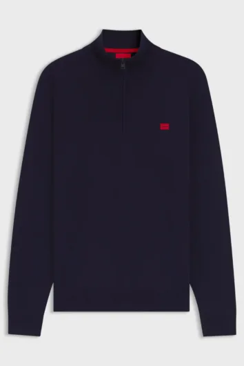 HUGO - San Quintus 1/4 Zip Cotton Jumper - Navy