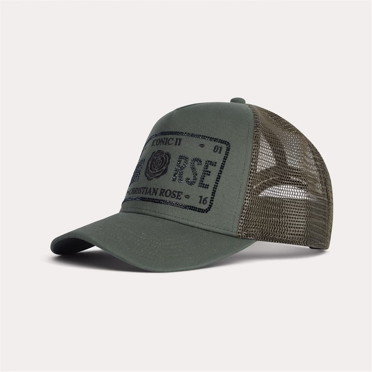 Christian Rose - Half Rhinestone Trucker Cap - Olive/Black - Image 3