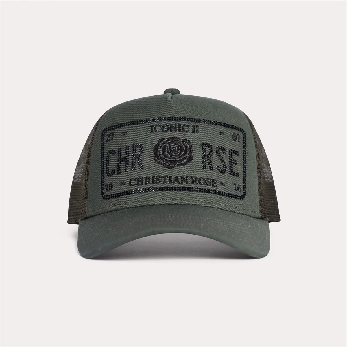 Christian Rose - Half Rhinestone Trucker Cap - Olive/Black